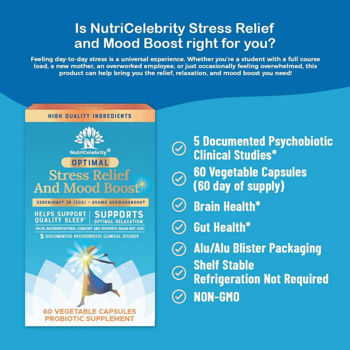 Nutricelebrity Optimal Stress Relief Supplement, Mood Support, Sleep Aid, Ashwagandha Organic, KSM-66, Brain Focus, Probiotics for Women, Gut Health, Vegan Non GMO 60 Days Supply