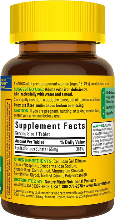 Nature Made Iron 65 mg, 180 Tablets