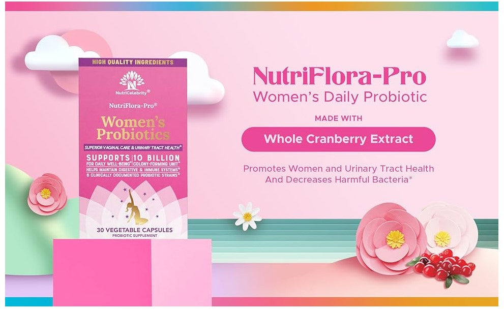 Nutricelebrity NutriFlora-Pro Probiotics for Women - Support Vaginal, Urinary Health (UTI), Digestive System, Period Pain, Yeast, and BV Relief, Cranberry Pills, 10 Billion CFU 6 Strains (60 Caps)