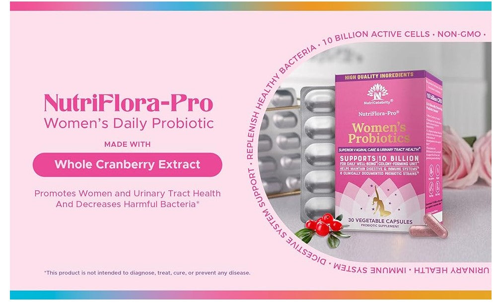 NutriCelebrity NutriFlora-Pro Probiotics for Women - Support Vaginal, Urinary Health (UTI), Digestive System, Period Pain, Yeast, and BV Relief, Cranberry Pills, 10 Billion CFU 6 Strains (30 Caps)