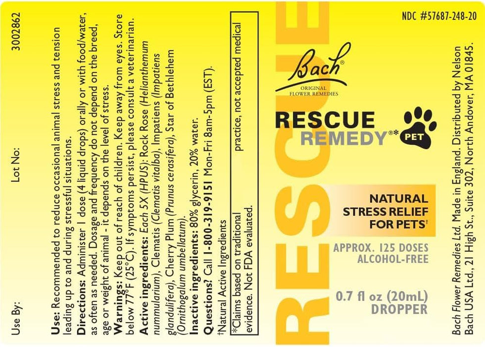 Bach RESCUE Remedy PET Dropper 20mL, Natural Stress Relief, Calming for Dogs, Cats, & Other Pets, Homeopathic Flower Essence, Thunder, Fireworks & Travel, Separation, Sedative-Free