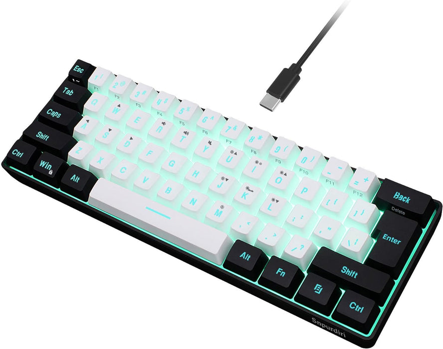 Snpurdiri 60% Wired Gaming Keyboard, RGB Backlit Mini Keyboard, Waterproof Small Ultra-Compact 61 Keys Keyboard for PC/Mac Gamer, Typist, Travel, Easy to Carry on Business Trip(Black-White)