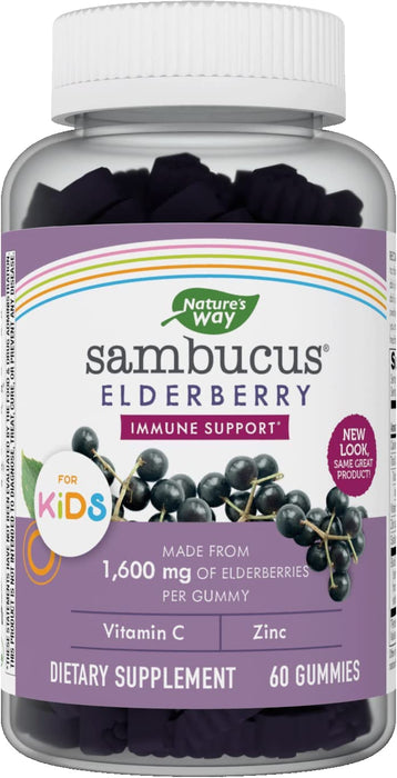 Nature's Way Sambucus Elderberry Gummies for Kids, Immune Support Gummies, with Vitamin C and Zinc, Delicious Berry Flavor, 60 Gummies