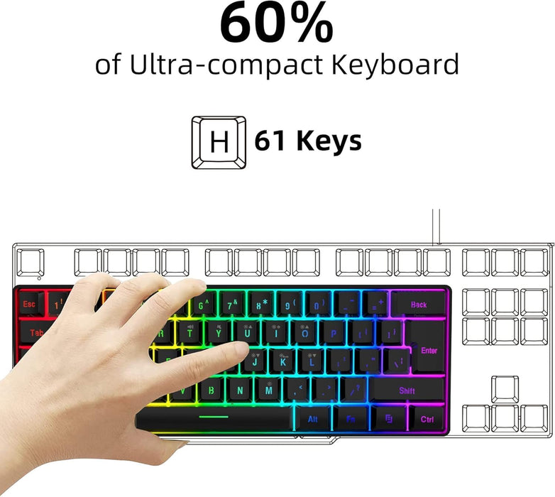 Snpurdiri 60% Wired Gaming Keyboard, RGB Backlit Ultra-Compact Mini Keyboard, Waterproof Small Compact 61 Keys Keyboard for PC/Mac Gamer, Typist, Travel, Easy to Carry on Business Trip(Black)