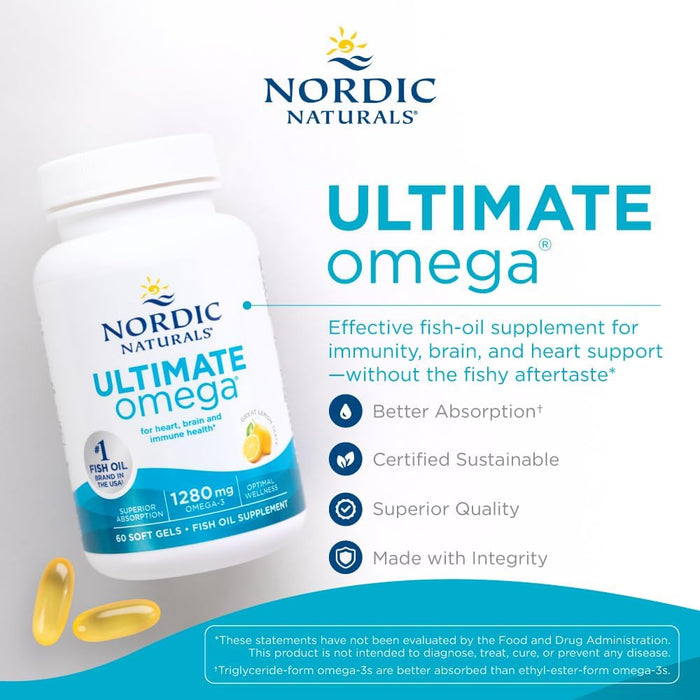 Nordic Naturals Ultimate Omega, Lemon Flavor - 60 Soft Gels - 1280 mg Omega-3 - High-Potency Omega-3 Fish Oil Supplement with EPA & DHA - Promotes Brain & Heart Health - Non-GMO - 30 Servings