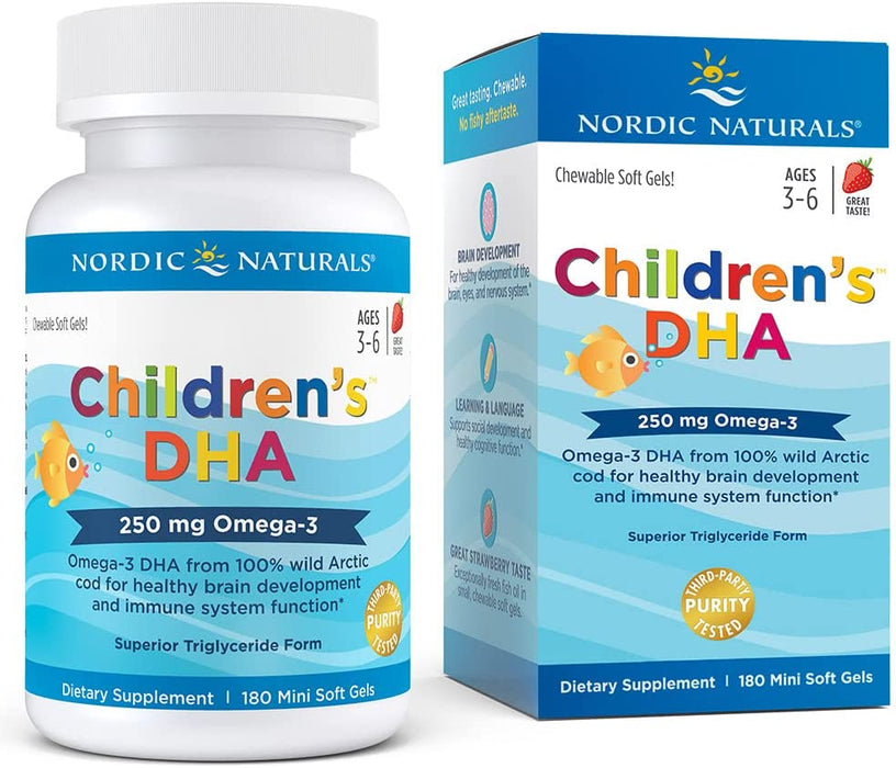 Nordic Naturals Children DHA, Strawberry - 180 Mini Chewable Soft Gels for Kids - 250 mg Omega-3 with EPA & DHA - Brain Development & Function - Non-GMO - 45 Servings