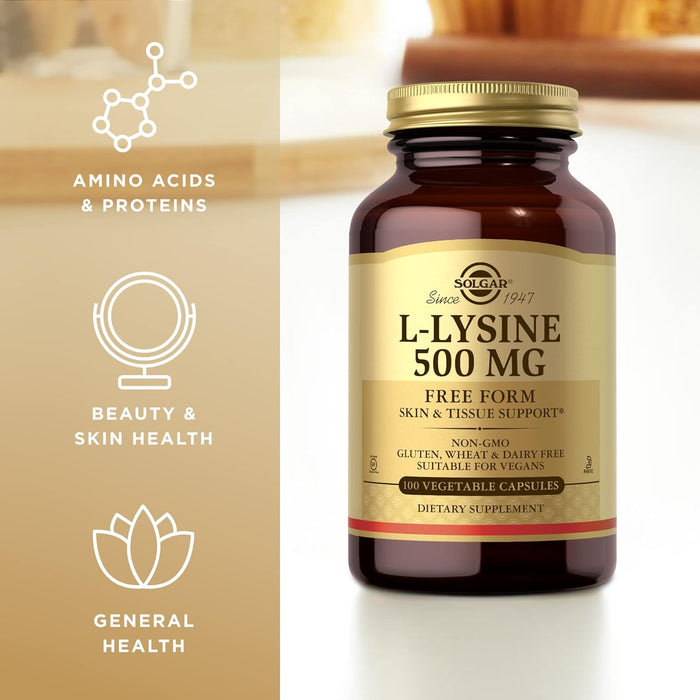 SOLGAR L-Lysine 500 mg - 100 Vegetable Capsules - Skin & Tissue Support - Non-GMO, Vegan, Kosher, Gluten Free - 100 Servings