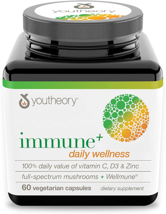 Youtheory Immune+ Daily Wellness - Organic Mushrooms - Beta Glucan - Vitamin C, D3 & Zinc, 60 Vegetarian Caps