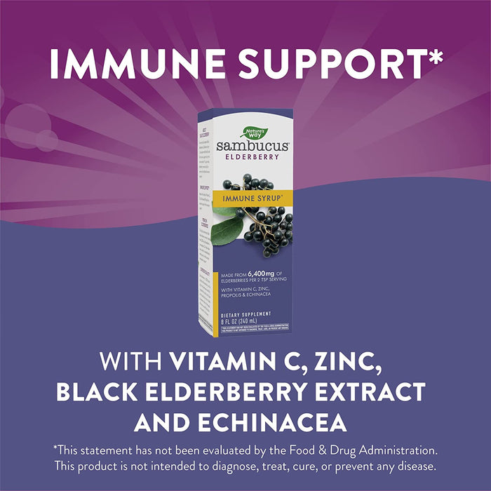 Nature's Way Sambucus Immune Elderberry Syrup with Vitamin C, Echinacea, & Zinc, Immune Support*, 8 Fl Oz (Expiration Date 09/24)