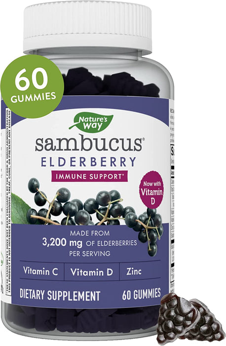 Nature's Way Sambucus Elderberry Gummies, Immune Support Gummies, Black Elderberry with Vitamin C, Vitamin D and Zinc, 60 Gummies