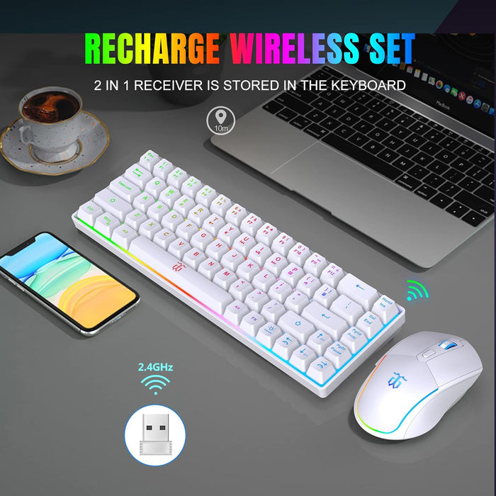 Snpurdiri 60% Wireless Gaming Keyboard and Mouse Combo,LED Backlit Rechargeable 2000mAh Battery,Mini Mechanical Feel Anti-ghosting Keyboard +Popular RGB Gaming Mice for PC Gamer (White)