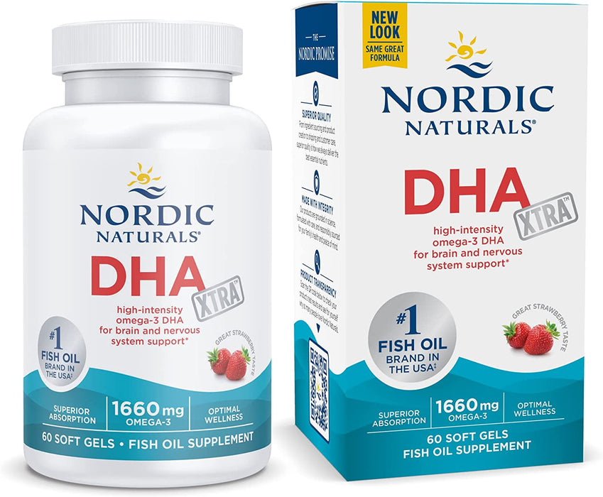 Nordic Naturals DHA Xtra, Strawberry - 60 Soft Gels - 1660 mg Omega-3 - High-Intensity DHA Formula for Brain & Nervous System Support - Non-GMO - 30 Servings