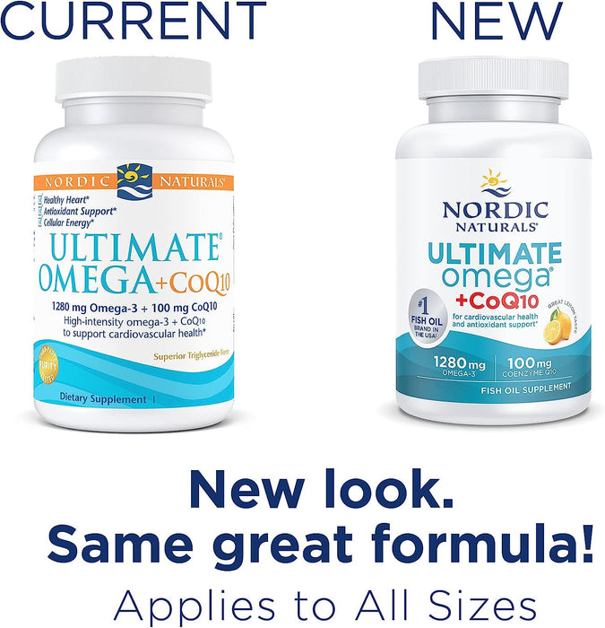 Nordic Naturals Ultimate Omega + CoQ10, Lemon - 60 Soft Gels - 1280 mg Omega-3 + 100 mg CoQ10 - Heart Health, Cellular Energy, Antioxidant Support - Non-GMO - 30 Servings