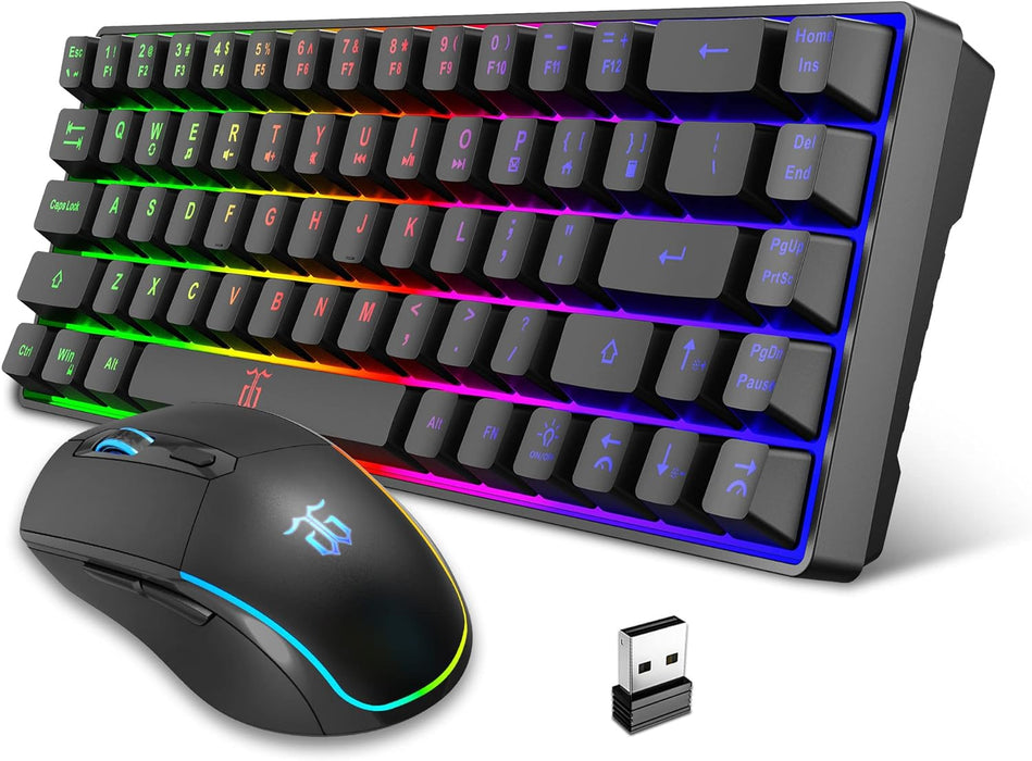 Snpurdiri 60% Wireless Gaming Keyboard and Mouse Combo,LED Backlit Rechargeable 2000mAh Battery,Small Membrane But Mechanical Keyboard + Popular RGB Mice for Gaming,Business Office