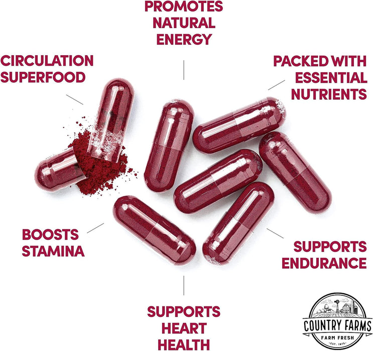 Country Farms Bountiful Beets Root Capsules, Wholefood Beet Extract Superfood, Natural Nitric Oxide Booster, Circulation and Immune Support, 90 Count, 90 Servings
