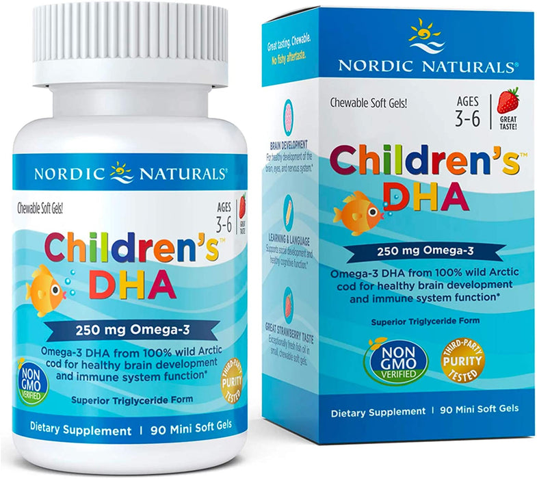 Nordic Naturals Children DHA, Strawberry - 90 Mini Chewable Soft Gels for Kids - 250 mg Omega-3 with EPA & DHA - Brain Development & Function - Non-GMO - 22 Servings