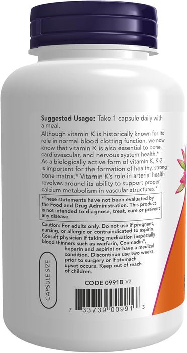 NOW Foods Supplements, Vitamin K-2 100 mcg, Menaquinone-4 (MK-4), Supports Bone Health, 250 Veg Capsules