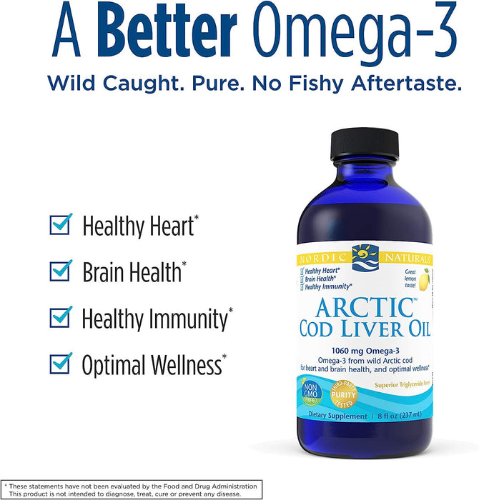 Nordic Naturals Arctic Cod Liver Oil, Lemon - 8 oz - 1060 mg Total Omega-3s with EPA & DHA - Heart & Brain Health, Healthy Immunity, Overall Wellness - Non-GMO - 48 Servings