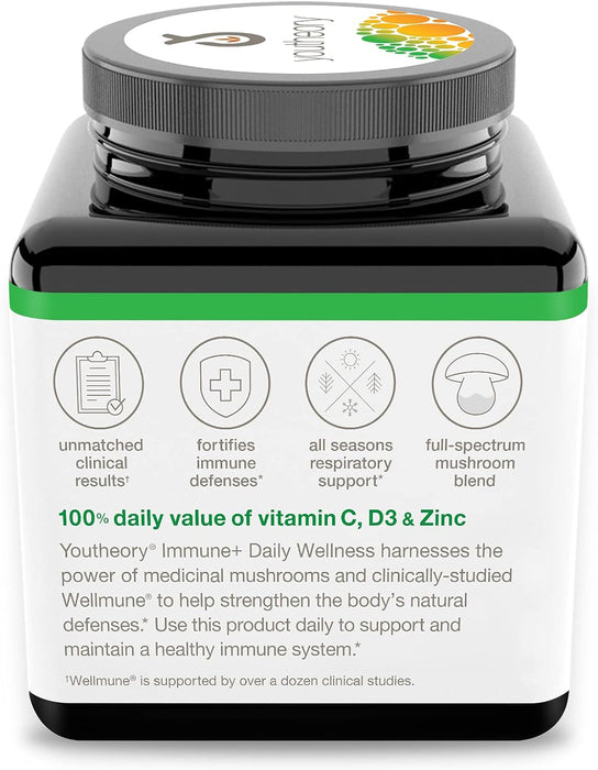 Youtheory Immune+ Daily Wellness - Organic Mushrooms - Beta Glucan - Vitamin C, D3 & Zinc, 60 Vegetarian Caps
