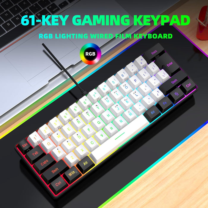 Snpurdiri 60% Wired Gaming Keyboard, RGB Backlit Mini Keyboard, Waterproof Small Ultra-Compact 61 Keys Keyboard for PC/Mac Gamer, Typist, Travel, Easy to Carry on Business Trip(Black-White)