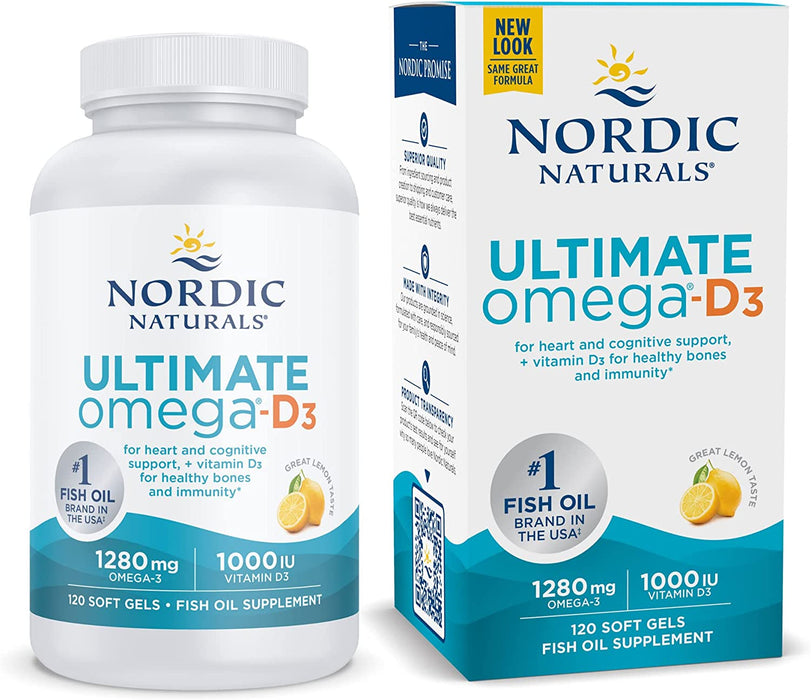 Nordic Naturals Ultimate Omega-D3, Lemon Flavor - 120 Soft Gels - 1280 mg Omega-3 + 1000 IU Vitamin D3 - Omega-3 Fish Oil - EPA & DHA - Promotes Brain, Heart, Joint, & Immune Health - 60 Servings