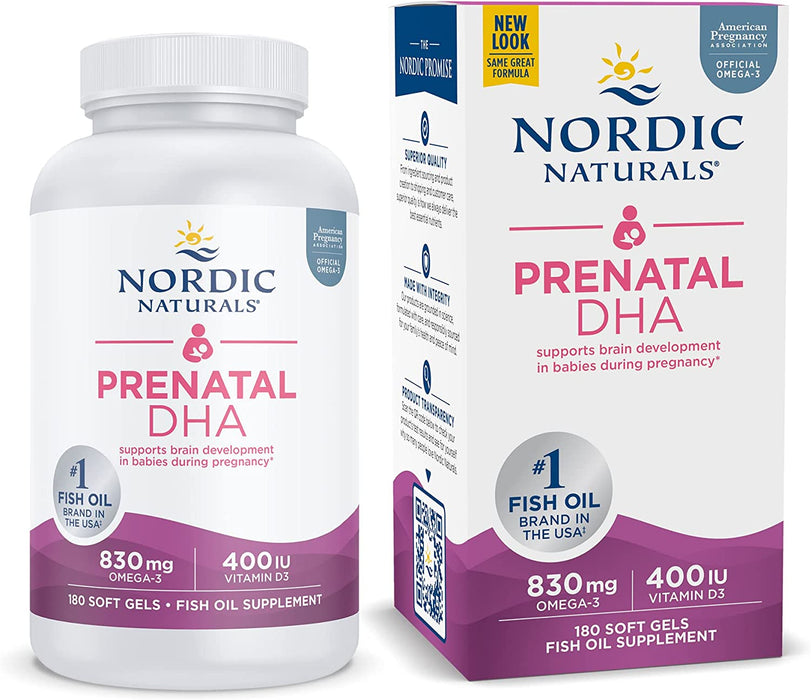 Nordic Naturals Prenatal DHA, Unflavored - 180 Soft Gels - 830 mg Omega-3 + 400 IU Vitamin D3 - Supports Brain Development in Babies During Pregnancy & Lactation - Non-GMO - 90 Servings