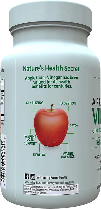 Country Farms Apple Cider Vinegar Capsules, with Ginger, Cayenne and Maple, Helps Aid Digestion, Supports Healthy Weight Loss, Cleanses and Detoxifies, Supports Water Balance, 90 Count, 90 Servings