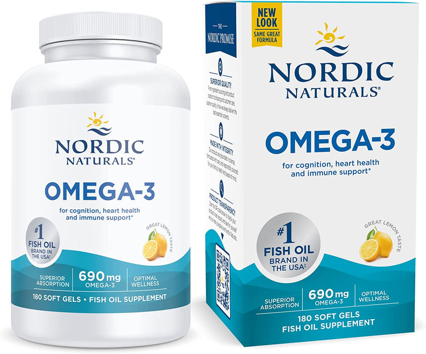 Nordic Naturals Omega-3, Lemon Flavor - 180 Soft Gels - 690 mg Omega-3 - Fish Oil - EPA & DHA - Immune Support, Brain & Heart Health, Optimal Wellness - Non-GMO - 90 Servings