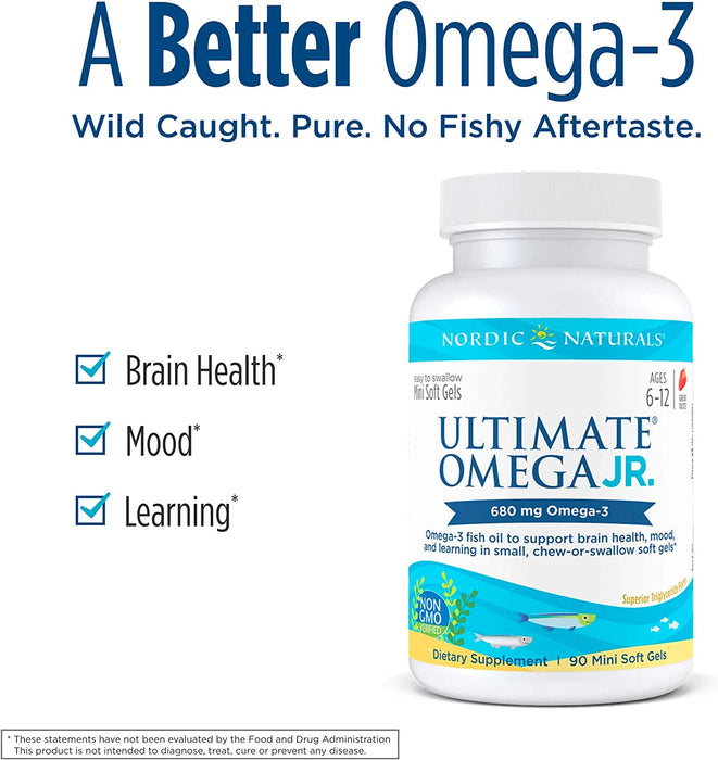 Nordic Naturals Ultimate Omega Jr, Strawberry - 90 Mini Soft Gels - 680 Total Omega-3s with EPA & DHA - Brain Health, Mood, Learning - Non-GMO - 45 Servings