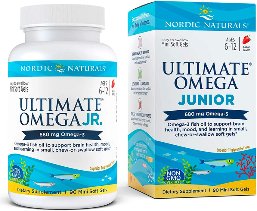 Nordic Naturals Ultimate Omega Jr, Strawberry - 90 Mini Soft Gels - 680 Total Omega-3s with EPA & DHA - Brain Health, Mood, Learning - Non-GMO - 45 Servings
