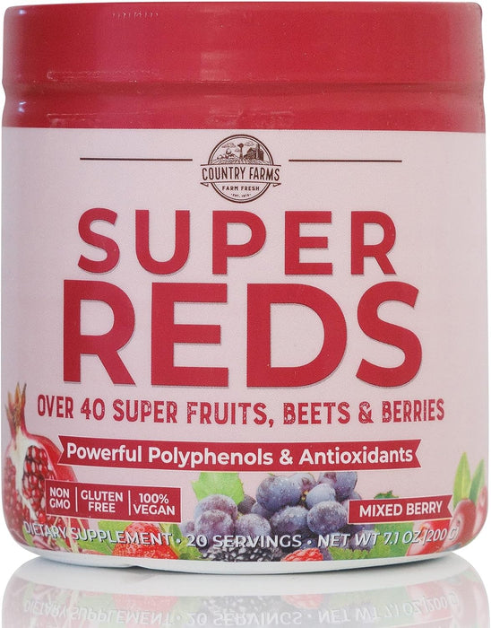 Country Farms Super Reds, Energizing Polyphenol Superfood, 48 Super Fruits and Berries, Powerful Antioxidants and Polyphenols, Supports Energy, 20 Servings, Mixed Berry Flavor