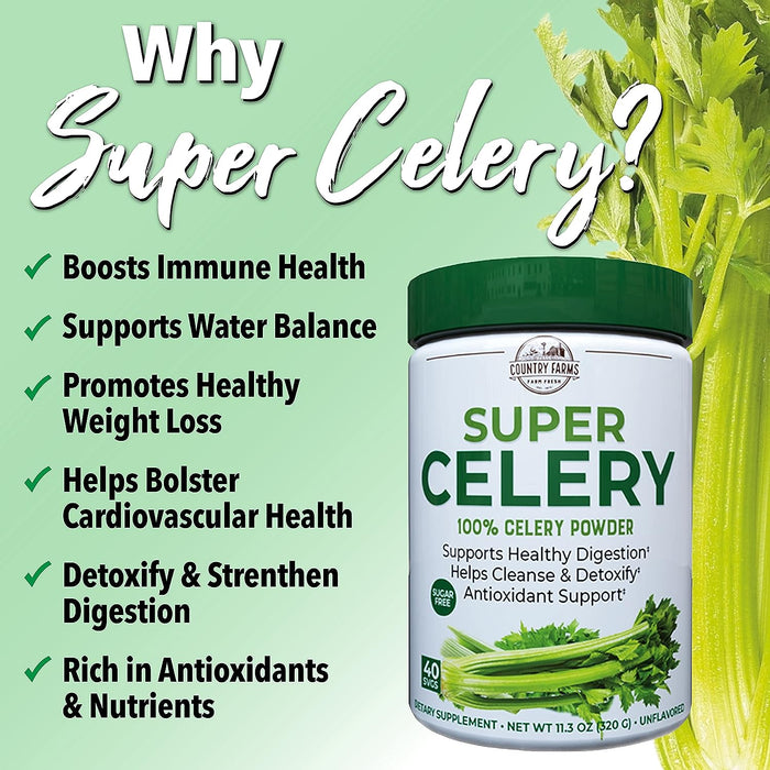 Country Farms Super Celery Powder, 100% Celery Powder, Supports Healthy Digestion, Helps Cleanse & Detoxify, Antioxidant Support, 40 Servings, 11.3 Ounce