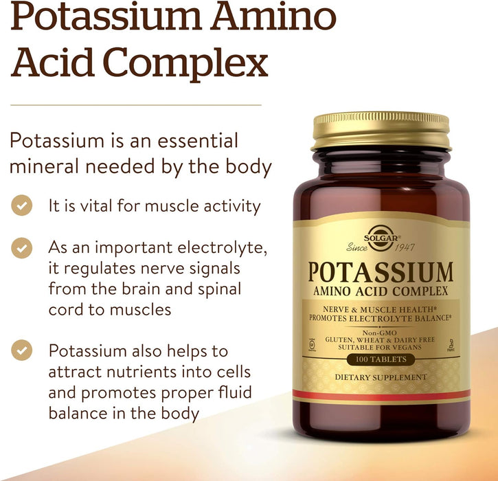 Solgar Potassium Amino Acid Complex, 100 Tablets - Nerve & Muscle Health - Promotes Electrolyte Balance - Non-GMO, Vegan, Gluten Free, Dairy Free, Kosher - 100 Servings