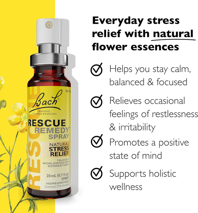 Bach RESCUE REMEDY Spray 20mL, Natural Stress Relief, Homeopathic Flower Essence, Vegan, Gluten & Sugar-Free, Non-Habit Forming (Packaging May Vary)