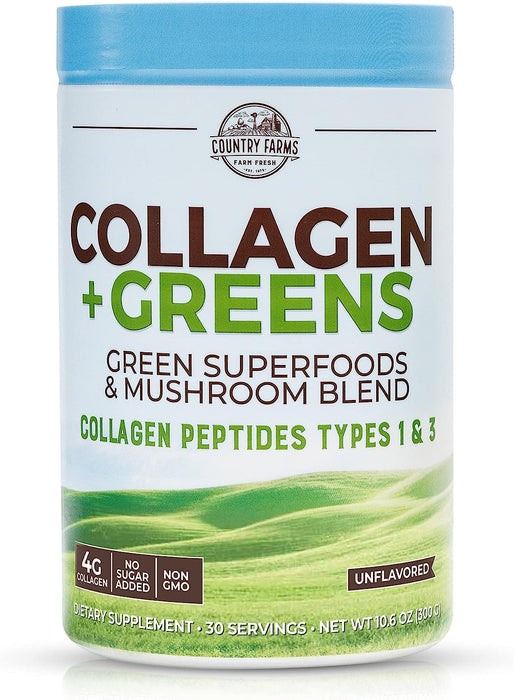 Country Farms Collagen Peptides Powder with Greens Dietary Powder Supplement (Type I, III) for Skin Hair Nail and Joints, Dairy/Gluten/Sugar Free, Energizing Superfoods, Natural, 10.6 Oz 30 Servings