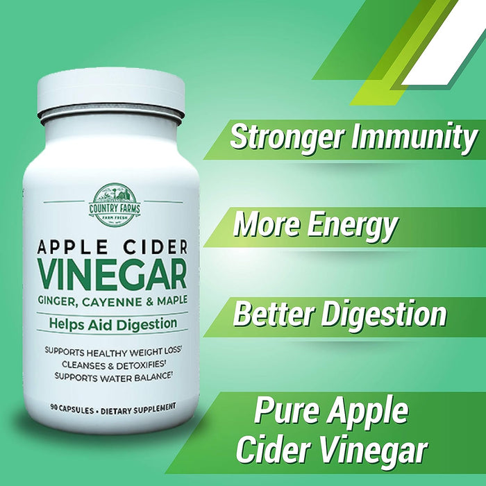Country Farms Apple Cider Vinegar Capsules, with Ginger, Cayenne and Maple, Helps Aid Digestion, Supports Healthy Weight Loss, Cleanses and Detoxifies, Supports Water Balance, 90 Count, 90 Servings
