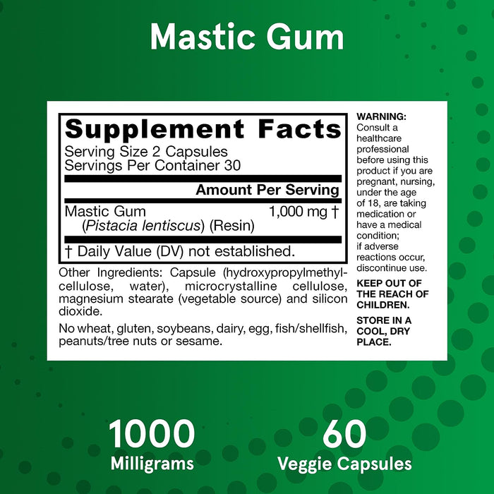 Jarrow Formulas Mastic Gum 1000 mg, Dietary Supplement for Gastrointestinal Health Support, 60 Veggie Capsules, 30 Day Supply