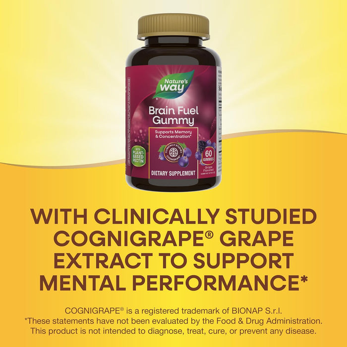 Nature's Way Brain Fuel, Supports Memory and Concentration*, Clinically Studied Cognigrape®, 60 Gummies, Grape Flavored (Exp Date 03/2025)