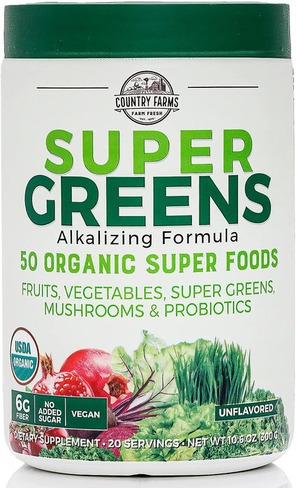 Country Farms Super Greens Natural Flavor, 50 Organic Super Foods, USDA Organic Drink Mix, Mushrooms & Probiotics, Supports Energy, 20 Servings, 10.6 Oz