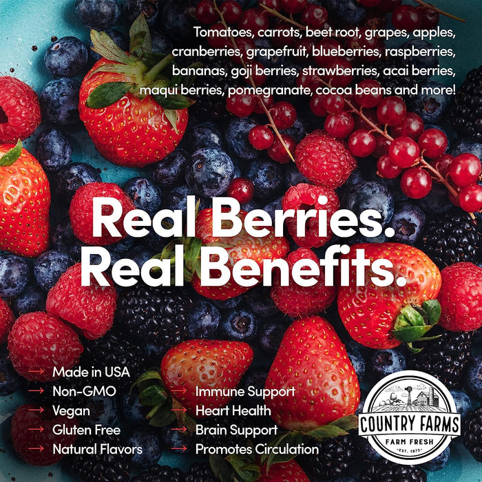 Country Farms Super Reds, Energizing Polyphenol Superfood, 48 Super Fruits and Berries, Powerful Antioxidants and Polyphenols, Supports Energy, 20 Servings, Mixed Berry Flavor