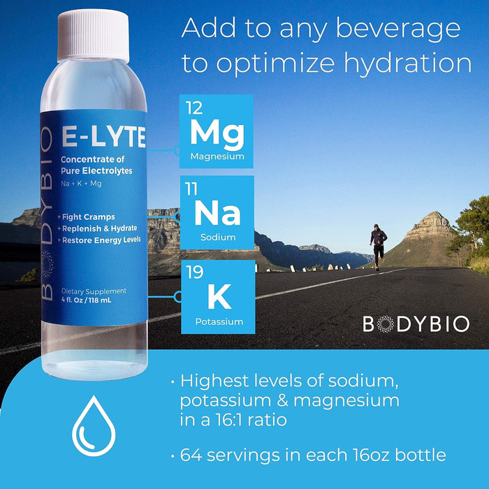BodyBio Electrolytes for Hydration - 4 oz Concentrate No Sugar, No Calories, Keto Electrolytes, Dehydration Recovery w. Magnesium + Potassium + Sodium Relieves Cramps Elyte