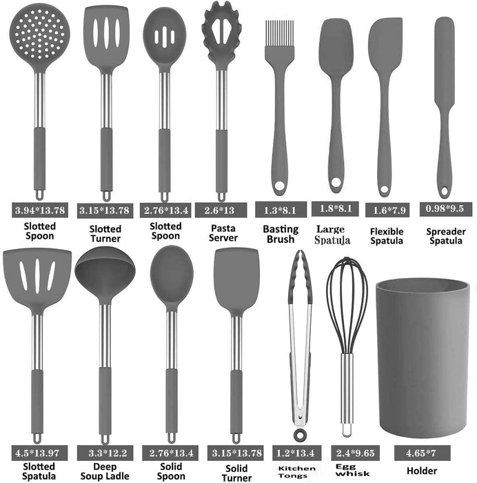 Cooking Utensil Set, 25pcs Non-Stick Heat Resistant Silicone Kitchen Utensils Set Turner,Tongs, Spatulas, Measuring Cups, Spoons, Brushes, Whisks with the Holder Stainless Steel Handle Gray Color