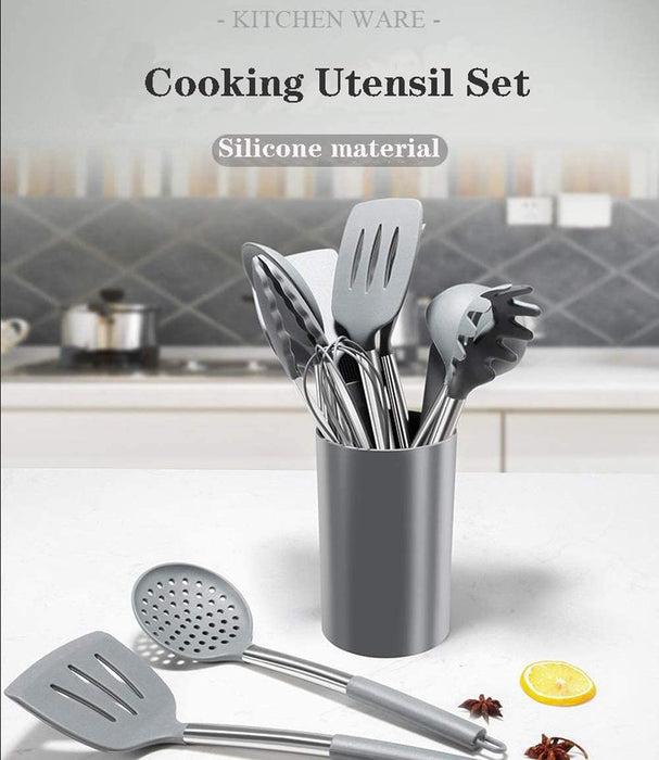 Cooking Utensil Set, 25pcs Non-Stick Heat Resistant Silicone Kitchen Utensils Set Turner,Tongs, Spatulas, Measuring Cups, Spoons, Brushes, Whisks with the Holder Stainless Steel Handle Gray Color