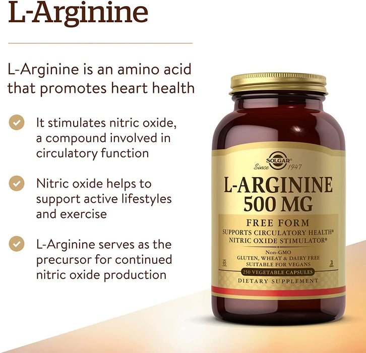 solgar-l-arginine-500-mg-250-vegetable-capsules - Supplements-Natural & Organic Vitamins-Essentials4me