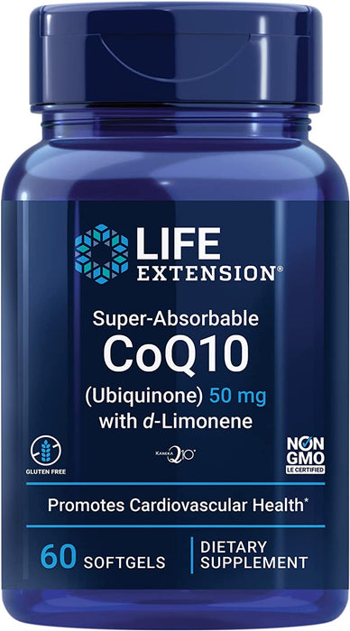 Life Extension Super-Absorbable CoQ10 (Ubiquinone) 50 mg with d-Limonene Heart Health Support Supplement - Promotes Healthy Brain Function & Energy Production - Non-GMO, Gluten Free - 60 Softgels (Expiration Date 07/24)
