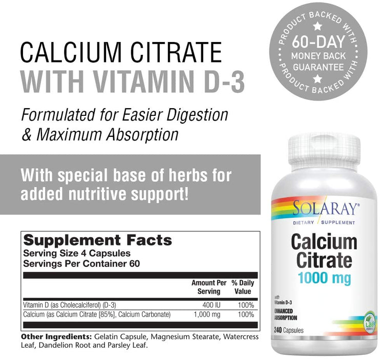 solaray-calcium-citrate-with-vitamin-d-3-240ct-1000mg-packaging-may-vary - Supplements-Natural & Organic Vitamins-Essentials4me