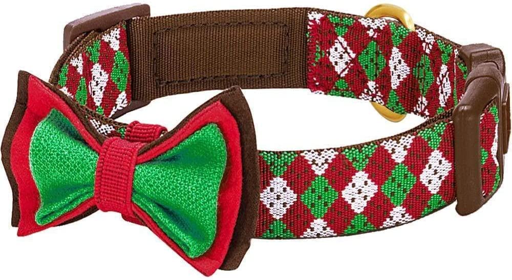 Blueberry Pet Christmas Party Fair Isle Style Adjustable Dog Collar with Detachable Bow Tie, Small, Neck 12"-16"
