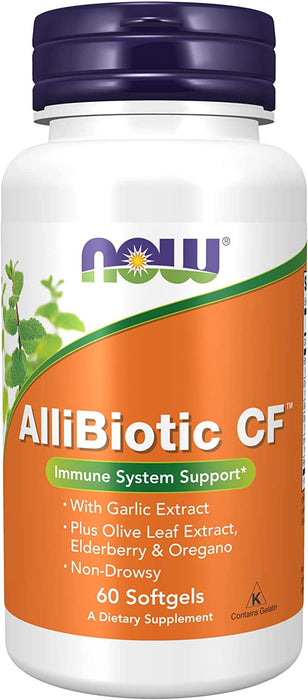 NOW Supplements, AlliBiotic CF, with Garlic Extract, Olive Leaf Extract, Elderberry & Oregano, Non-Drowsy Formula, 60 Softgels