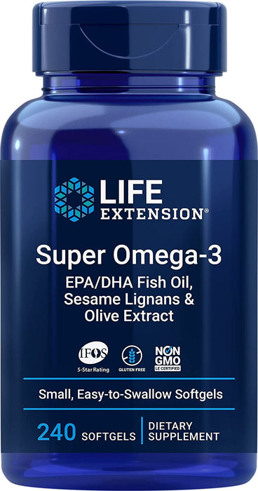 life-extension-super-omega-3-epa-dha-with-sesame-lignans-olive-fruit-extract-240-softgels - Supplements-Natural & Organic Vitamins-Essentials4me