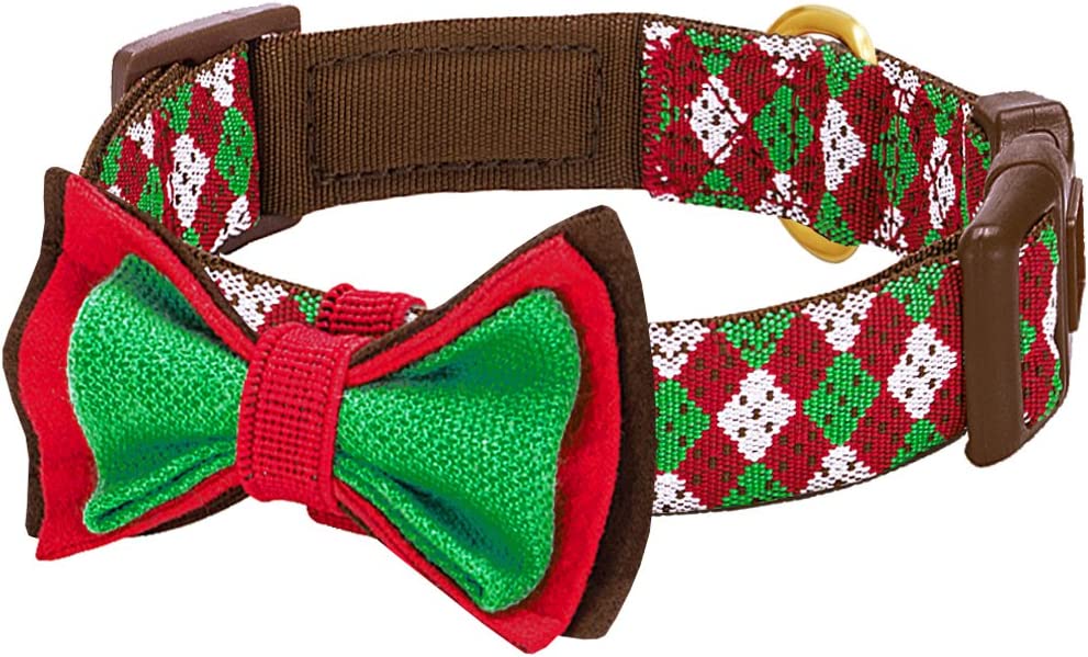 Blueberry Pet Christmas Party Fair Isle Style Adjustable Dog Collar with Detachable Bow Tie, Medium, Neck 14.5"-20"